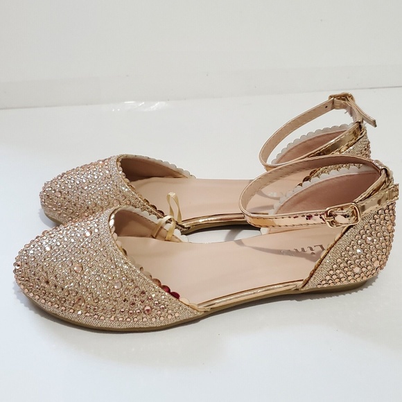 Girl's Ballet Strap Flat Formal Party Shoes Size 3 Golden Sparkly Embellished - Picture 3 of 7